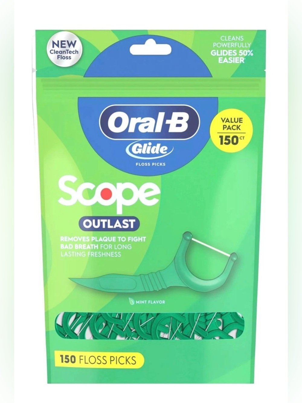 Oral-B Glide Dental Floss Picks, Long-Lasting Scope Outlast Mint Flavor, 150ct.